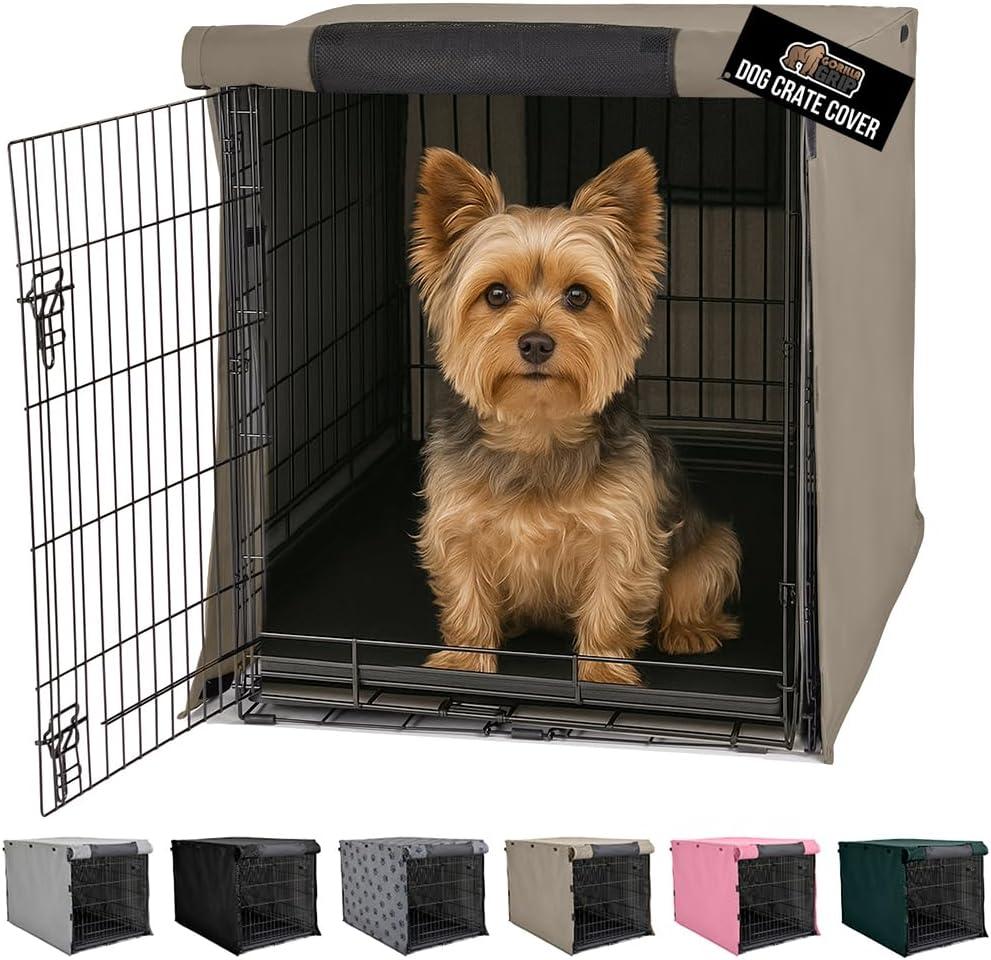 GORILLA GRIP Dog Crate Covers Compatible with Amazon Basics Dog Crates, All Sides Open, Privacy Cover Fits 24" Wire Kennel, Breathable Mesh Windows, Light Reducing Puppy Training Cage Topper, Taupe (24" x 18" x 20")