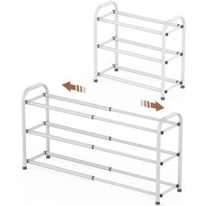 Gonfoam 3-Tier Expandable Shoe Rack,Adjustable Shoe Shelf Storage Organizer Heavy Duty Metal Free Standing Shoe Rack for Entryway Closet Doorway (White)
