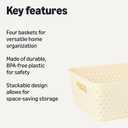 Amazon Basics Decorative BPA-Free Plastic Storage Baskets, 13.66 x 11.34 x 5.39 inches, Ivory, 4-Pack