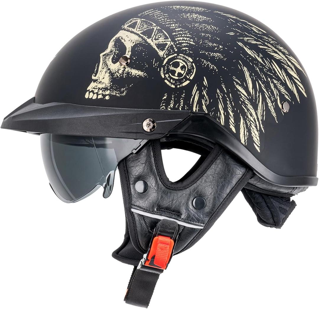 VCOROS Half Helmets Motorcycle VHF04 Open Face Sun Visor Quick Release Buckle Adjustable DOT Approved Cycling Retro Cruiser Pilot Helmets for Adults Men and Women (Matte Indian,L)