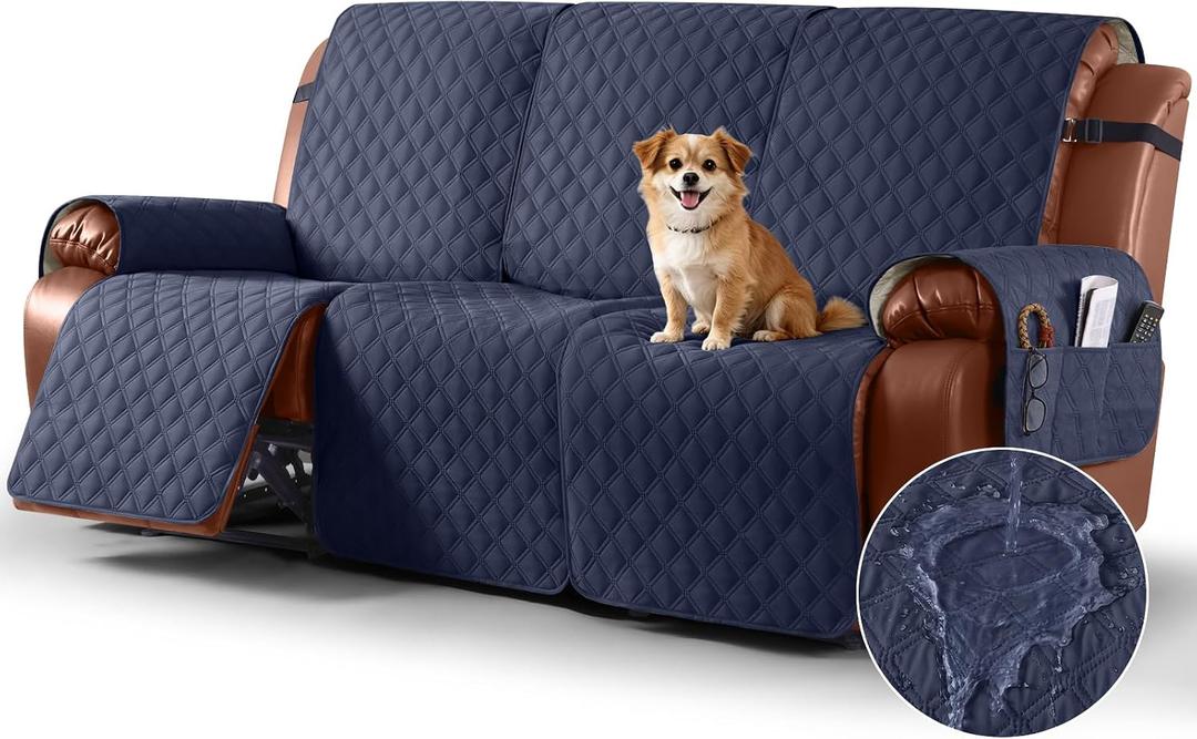 Ruaozz Waterproof Recliner Couch Covers, Sofa Slipcovers Washable 1-Piece Recliner Covers Non-Slip Furniture Protector with Elastic Straps Pocket for Kids Pets(Dark Blue, 3 Seater)