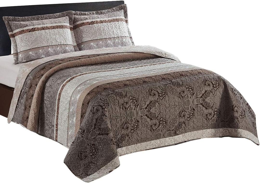 Royal Tradition Callisto Taupe Reversible Coverlets, Full Over-Sized 3pc Quilt Set (92-Inch Wide x 96-Inch Long) Lightweight Bedspread