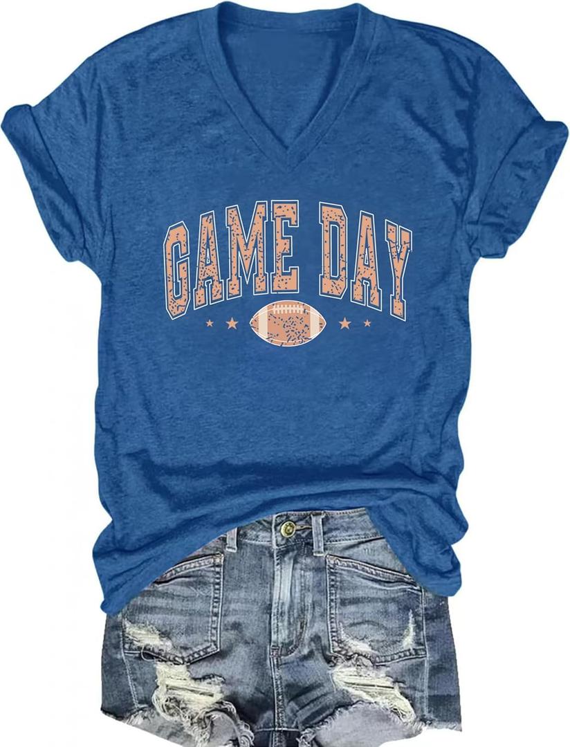 Game Day Football Shirts for Women: Football Mom T-Shirts Gameday Outfits Funny Vneck Short Sleeve Tees (Large, Blue1)