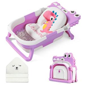 MoreFeel Collapsible Baby Bathtub for Newborn with Thermometer & 1 Hooded Towel & 1 Soft Floating Cushion,Portable Travel Bathtub with Drain Hole, Durable Foldable Baby Tubs for Infants to Toddler (Lavender)