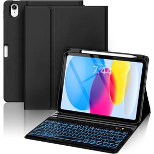 BLUTLOTUS for iPad 11th A16 10th Generation Case with Keyboard - 7 Colors Backlit Wireless Detachable Folio Keyboard Cover with Pencil Holder for iPad 11'' A16 2025 10th Gen 10.9 Inch 2022 (Black)