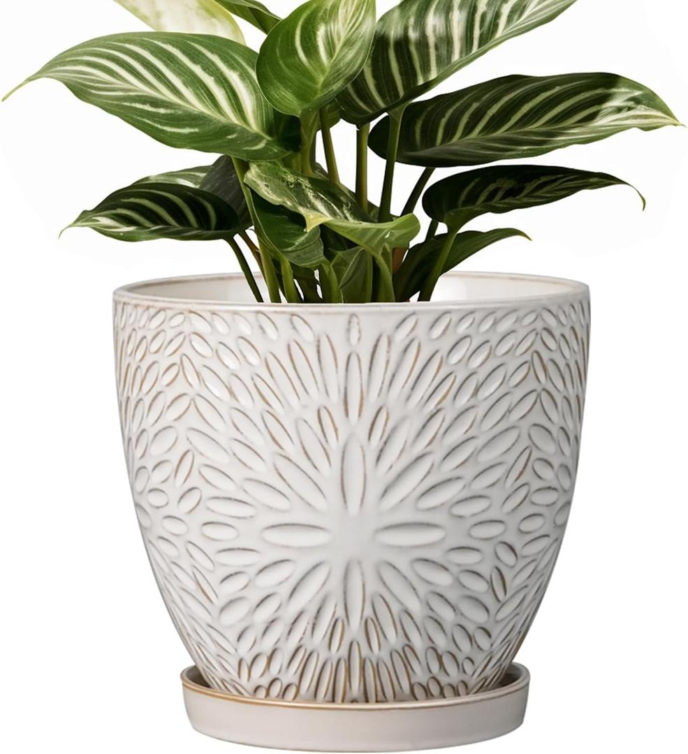 G EPGardening 6 Inch Plant Pot for Indoor Plants Outdoor Round Ceramic Planter Decorative Flower Pot with Drainage Hole and Saucer White (Sunflower White)