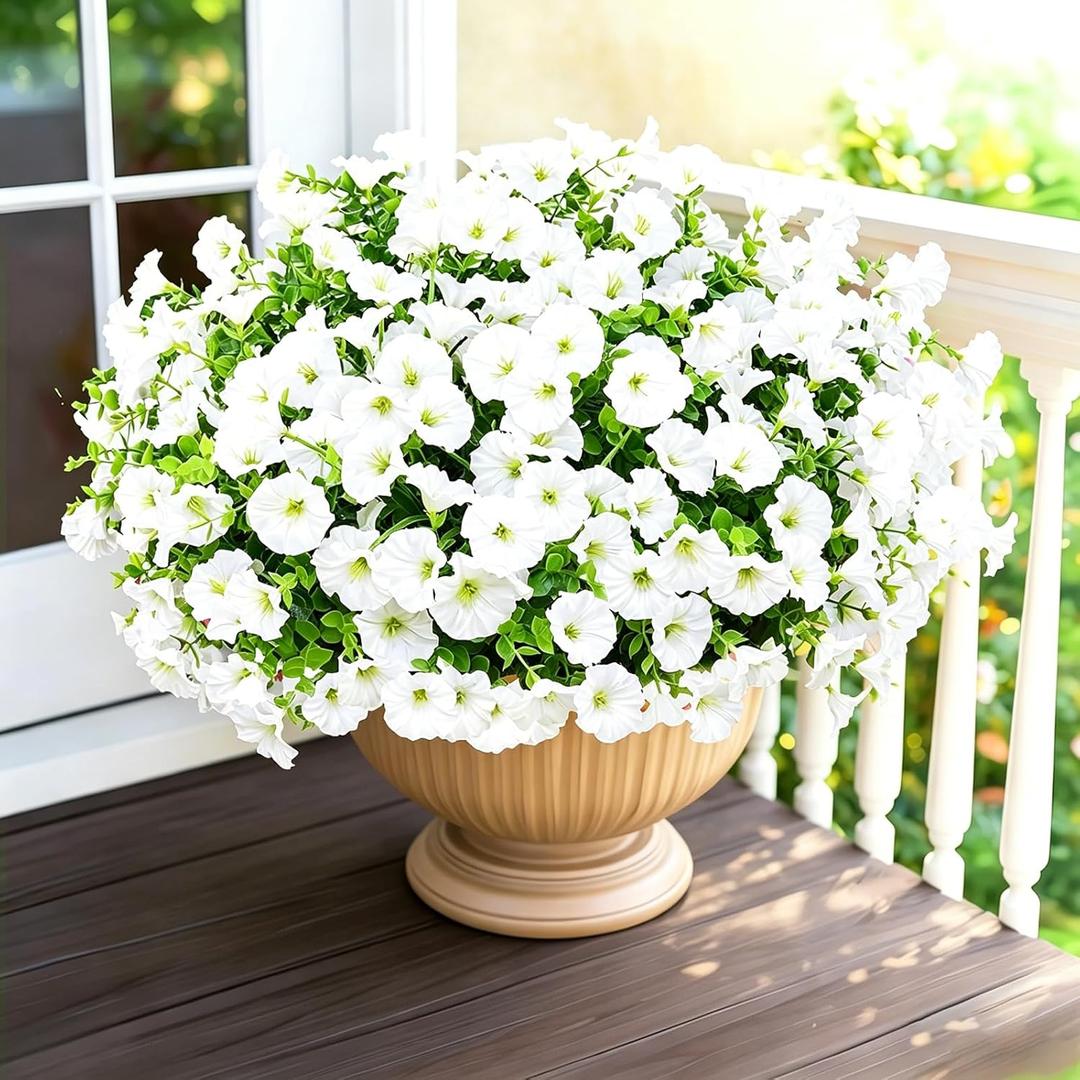 14 Bundles Artificial Flowers for Outdoor, Faux Flowers Silk Morning Glory with Eucalyptus Realistic UV Resistant Spring Flowers for Patio, Garden, Porch, Window Box, Decoration (White)