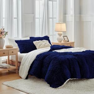 UOZZI BEDDING Navy Faux Fur Comforter Set Queen 3 Pieces - 1 Shaggy Comforter 90x90 with 2 Pillowcases - Ultra Soft and Easy Care Luxury Plush Warm Winter Fluffy Fleece Duvet Set