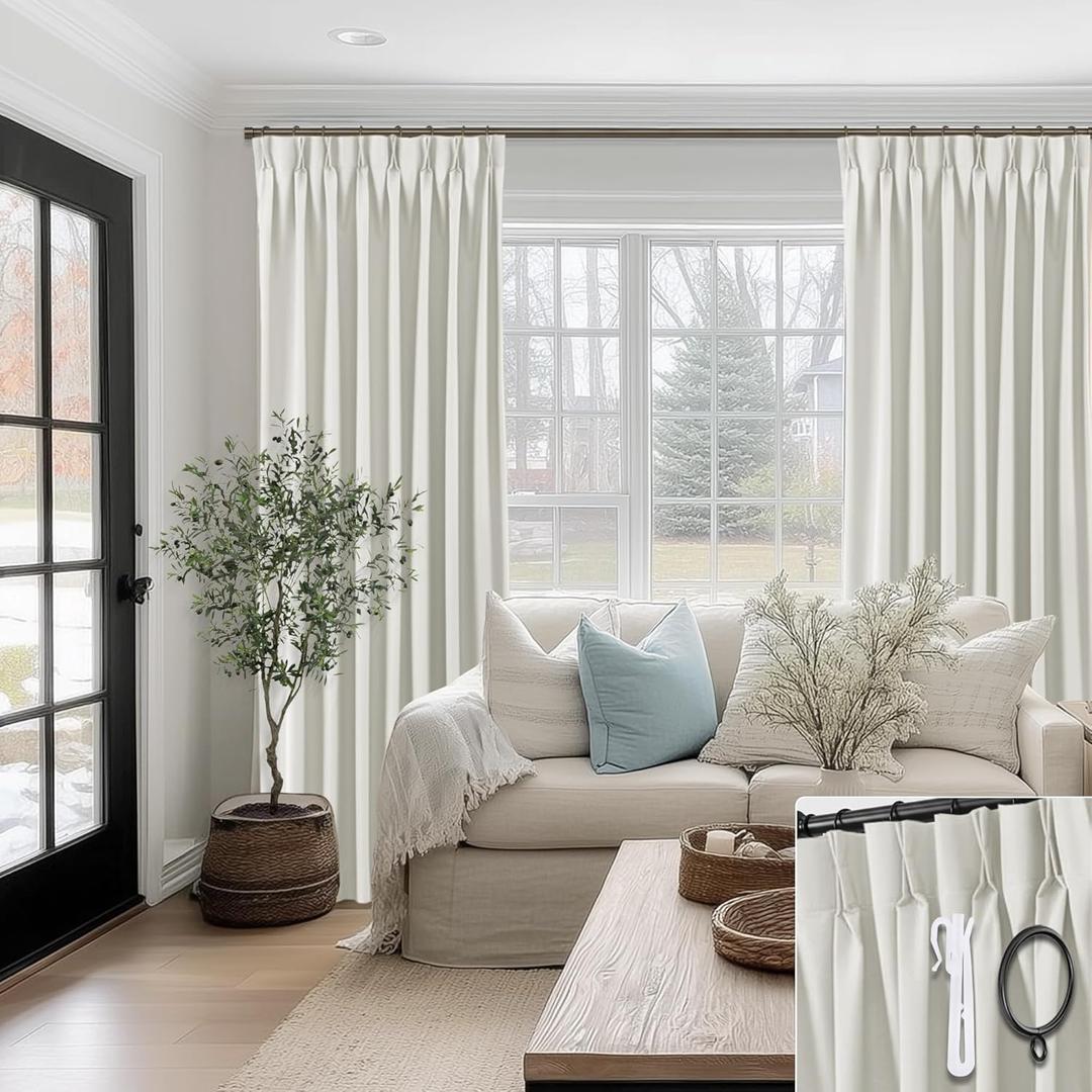 Pinch Pleated Cream Drop Cloth Canvas Blackout Curtains 96 Inch Long 2 Panel Set, Dense Weave Thermal Insulated for Winter Keep Cold Out, Floor to Ceiling Drape for Living Room Bedroom Farmhouse Style