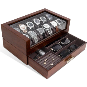 High End Watch Box for Men, 12 Slot Wooden Watch Case With Drawer, Watch Display Box with Glass Lid, 2-Layer Watch Holder for Jewelry and Watch Storage for Men Women , Ideal for Gift (With Gift Box)