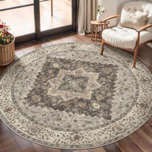 Tangsoo Vintage Round Rug 4ft Washable Circle Rug, Non Slip Small Boho Round Rug, Low Pile Circular Rugs, Round Carpet for Bedroom,Entryway,Nursery,Dorm,Kitchen,Grey/Multi
