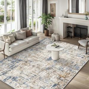 10x14 Large Rug Living Room  Washable Neutral Modern Abstract Rug for Bedroom Dining Room Home Office  Soft Thin Low Pile Non-Slip Big Carpet (Blue Brown)