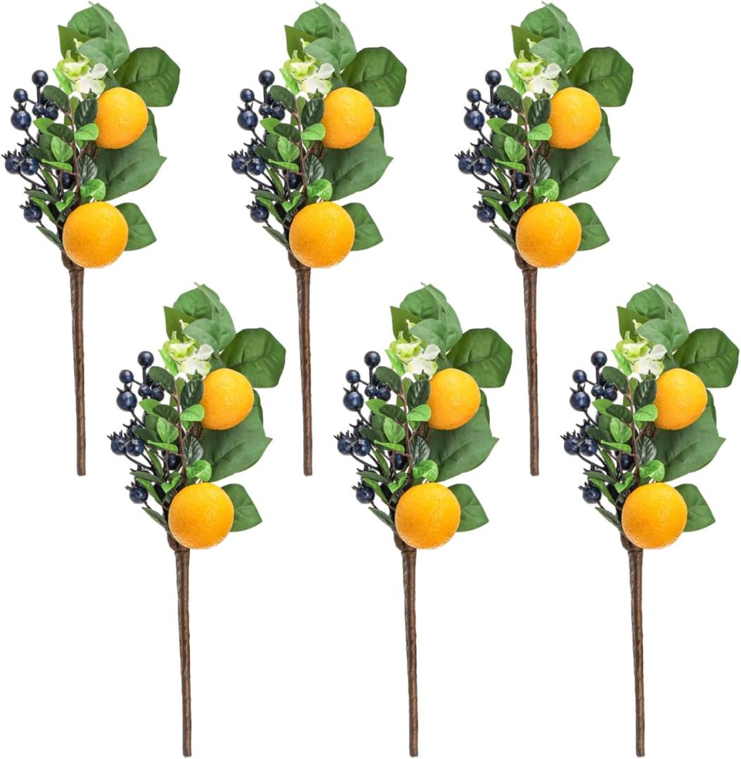 SOUJOY 6 Packs Artificial Lemon Branches, Faux Yellow Lemons Tree Stem with Blueberry and Leaves, 12 Inch Spring Summer Fake Fruit Floral Picks for Vase, Italian Style Decor for Home Kitchen Party