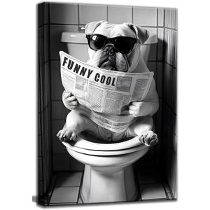 Bathroom Dog Canvas Wall Art Funny Toilet Black And White Animal Wall Decor Pictures Cool Unique Dog Bathroom Reading Newspaper Painting Poster Prints for Bathhouse Shop Home Decor (10"L x 8"W)