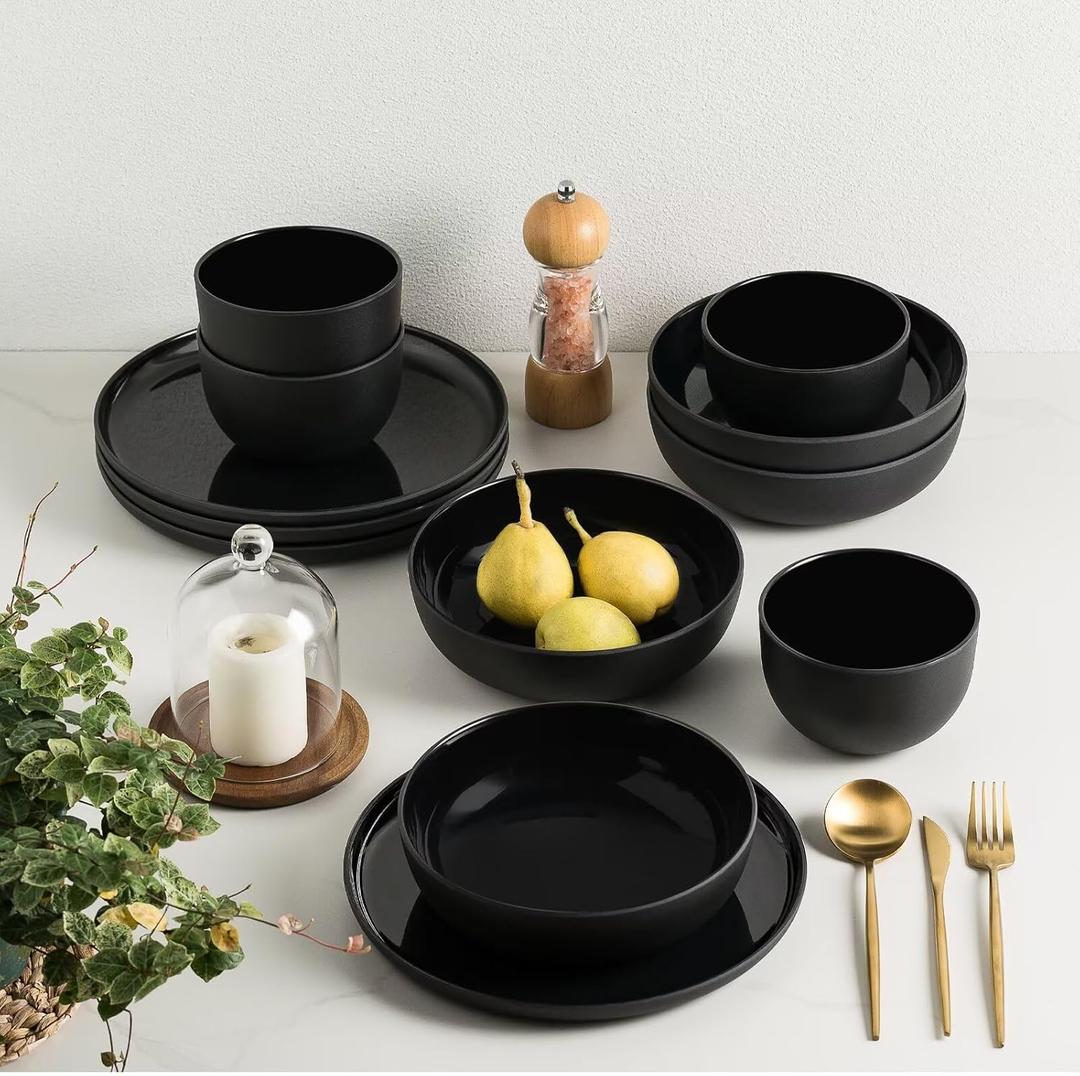 MissYIP Melamine Dinnerware Sets 12pcs, Service for 4, Unbreakable Reusable Kitchen Dinnerware Set, Outdoor Camping Dishes, BAP free, Dishwasher Safe,Not oven-safe or microwavable(Black)