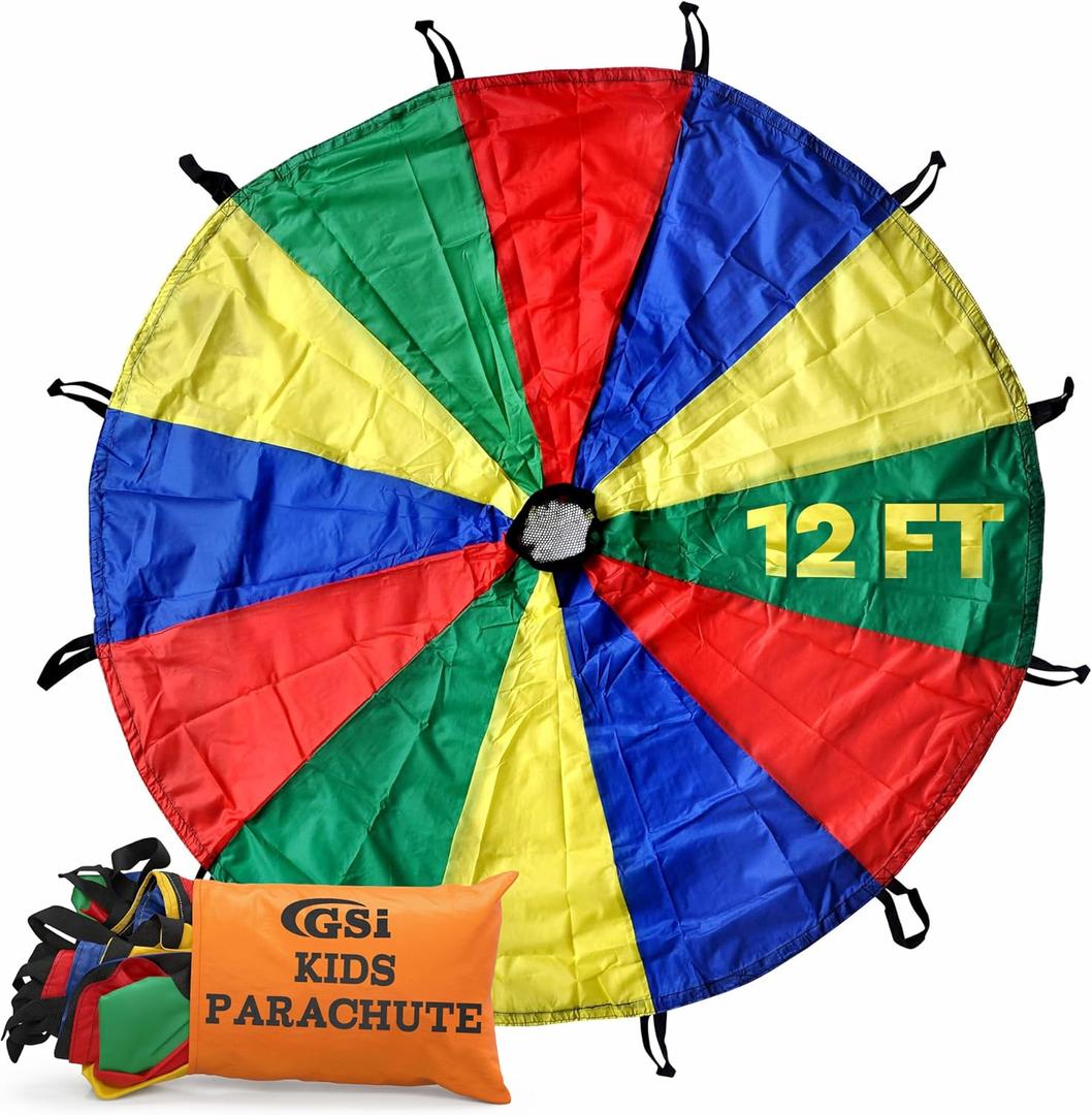 GSi Kids Play Parachute Rainbow Parachute Toy Tent Game for Children Gymnastics Cooperative Play and Outdoor Playground Activities (12 Feet)