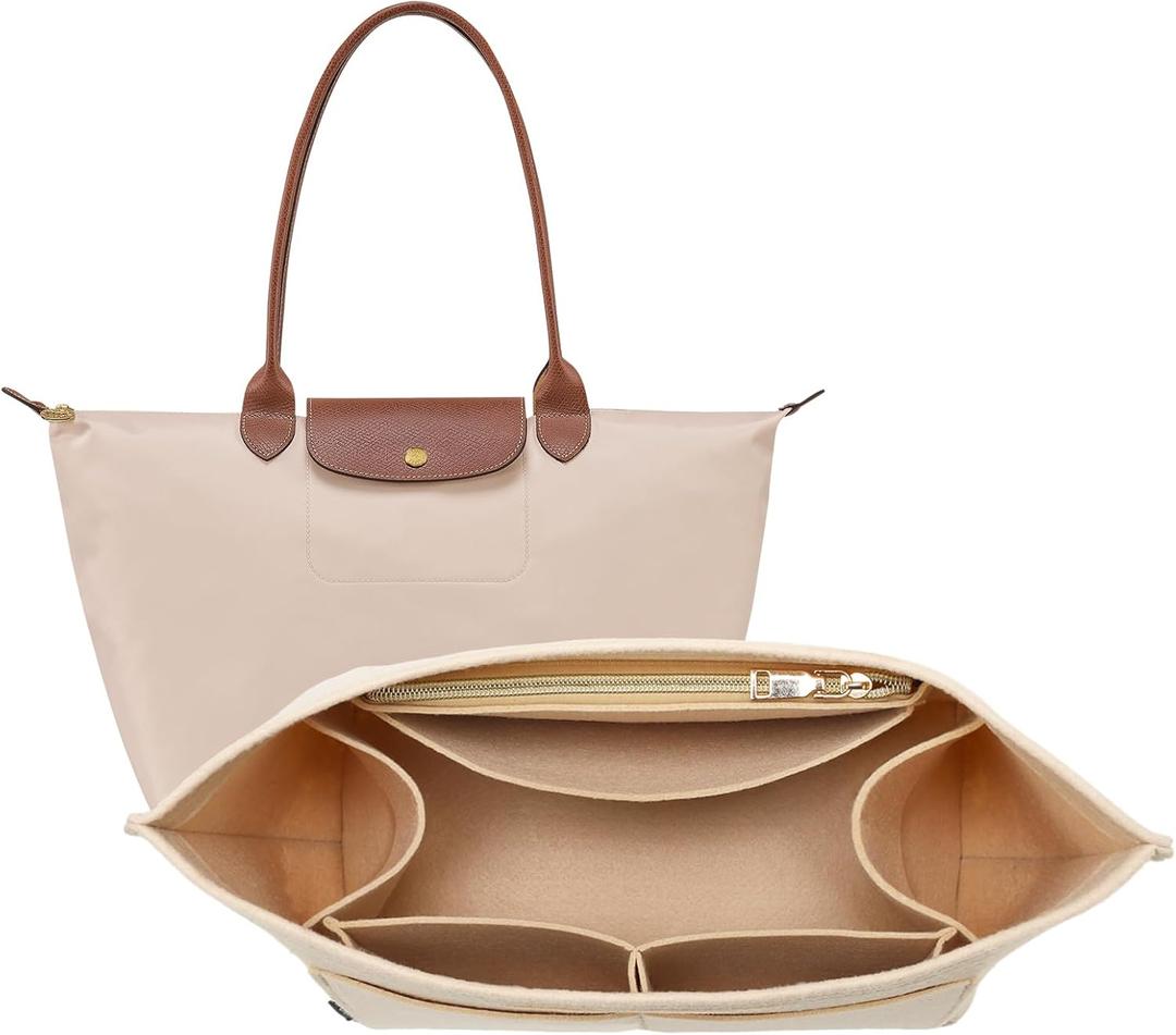 OPPOSHE Purse Organizer Insert for Longchamp Le Pliage, Premium Felt Long Champ Bag Handbag Women, Tote Organizer Insert with 9 Compartments (Medium, Beige) (M-10.4*5.7*7.9in)