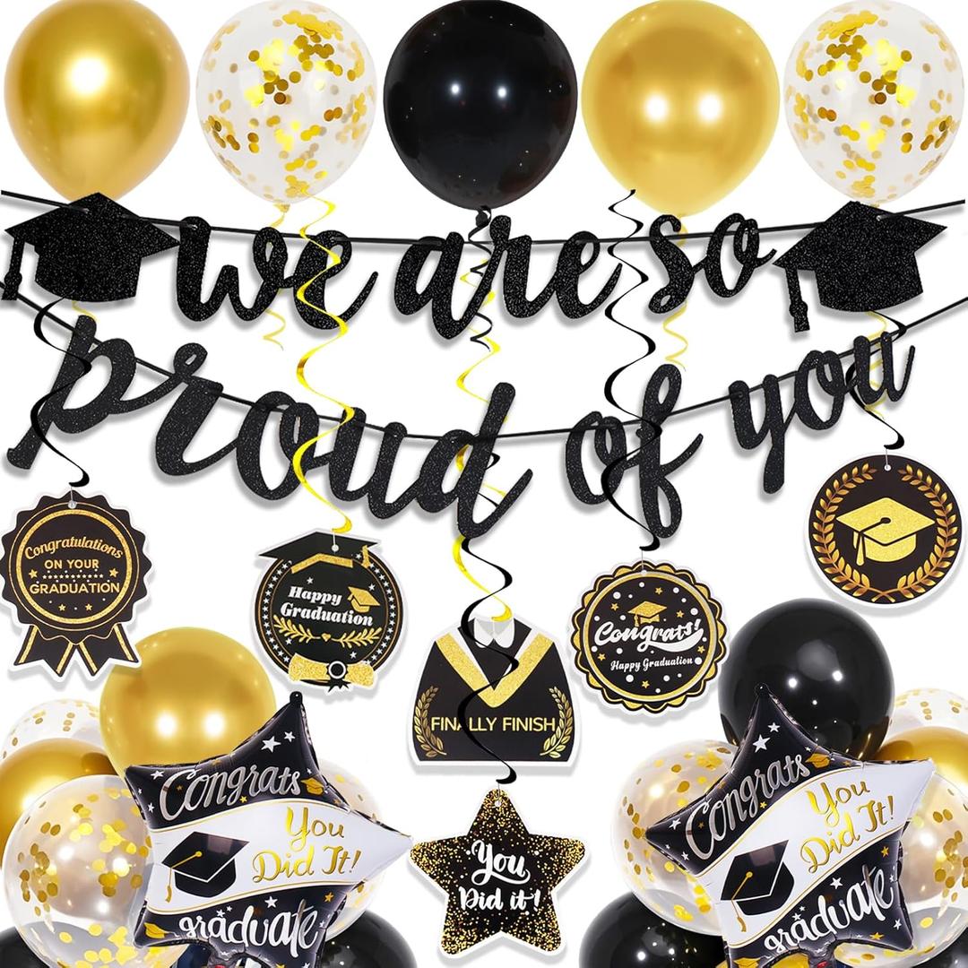 Graduation Decorations 2025, Class of 2025 Decorations with We Are So Proud of You Banner and Graduation Balloons, Congrats Hanging Swirls