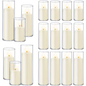 36 PCS Ivory White Pillar Candles with Glass Candle Holders Clear Hurricane Candle Holders Glass Cylinder Vases for Centerpieces Wedding Party, Event, Home Office (18 Candles+18 Candle Hoders)