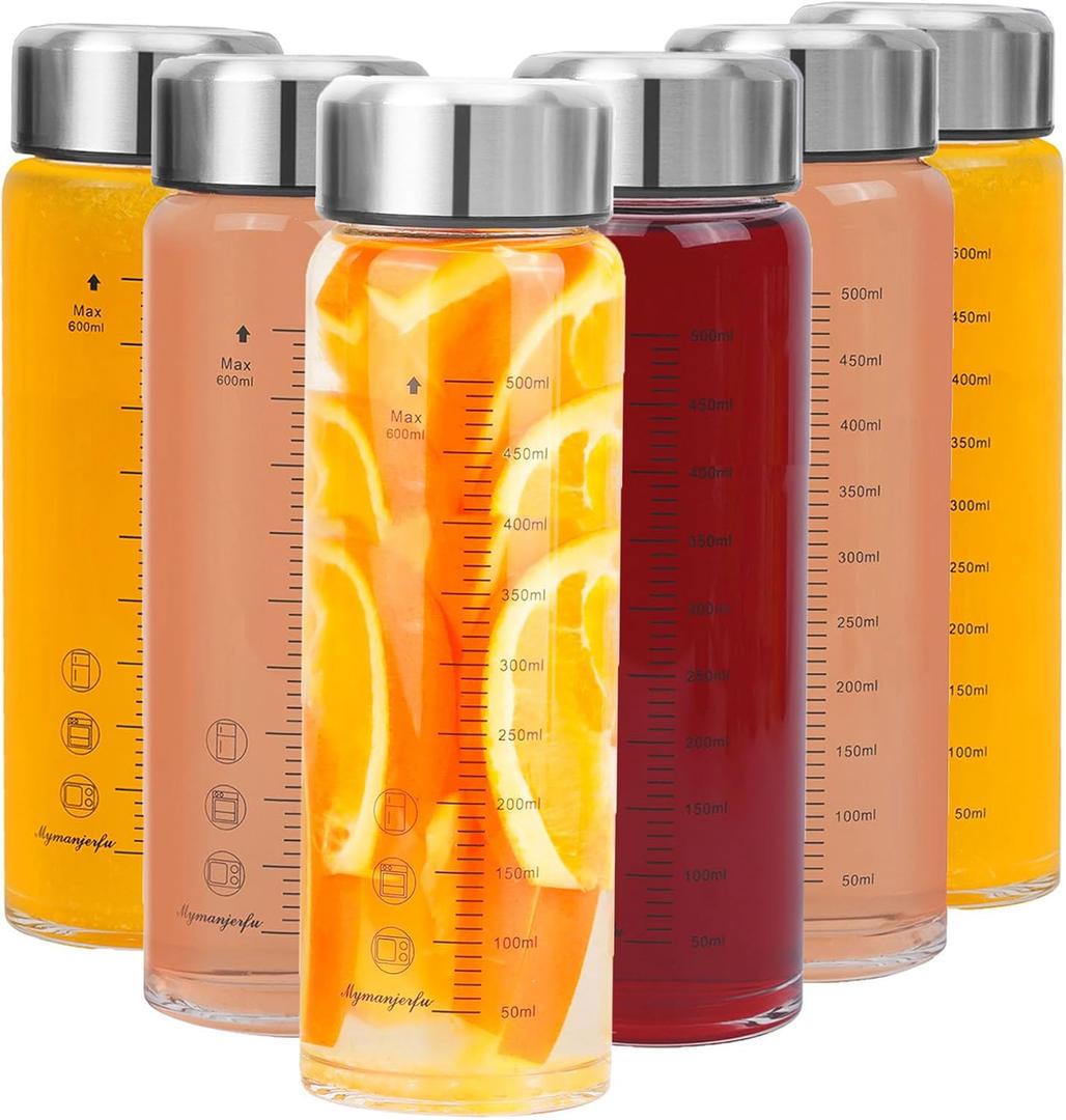 Glass Juice Bottles 6 Pack 20 oz - Wide Mouth Glass Water Bottles with Lids - for Juicing, Smoothies, Milk, Protein, BPA Free, Reusable, Stainless Steel Lids, Leak Proof, Shaker bottle (20oz/600ml)