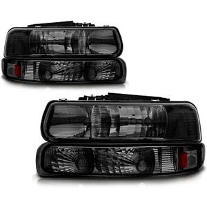 Headlight Assembly Compatible with 1999-2002 Chevy Silverado 1500 2500/2000-2006 Suburban 1500 2500 Tahoe, Headlamps with Bumper Lights, Fit OE Grill (Smoke Lens Amber Reflector)