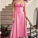 Adjustable Strap Midi Dress, Square Neck A-Line with Side Slit (Pink, S)