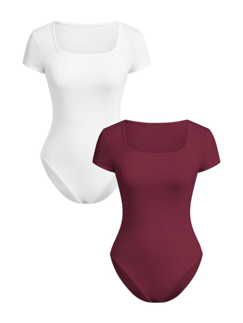 RoseSeek Girl's Short Sleeve Bodysuit Square Neck Leotard Tops 2 Pack
