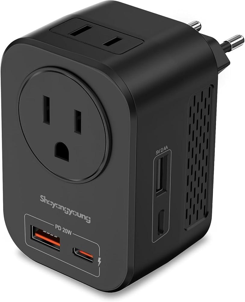 220V to 110V 20W PD Voltage Converter US to Europe International Universal Travel Adapter with 2 USB-A 2 USB-C Port Worldwide Power Converters Plug Combo