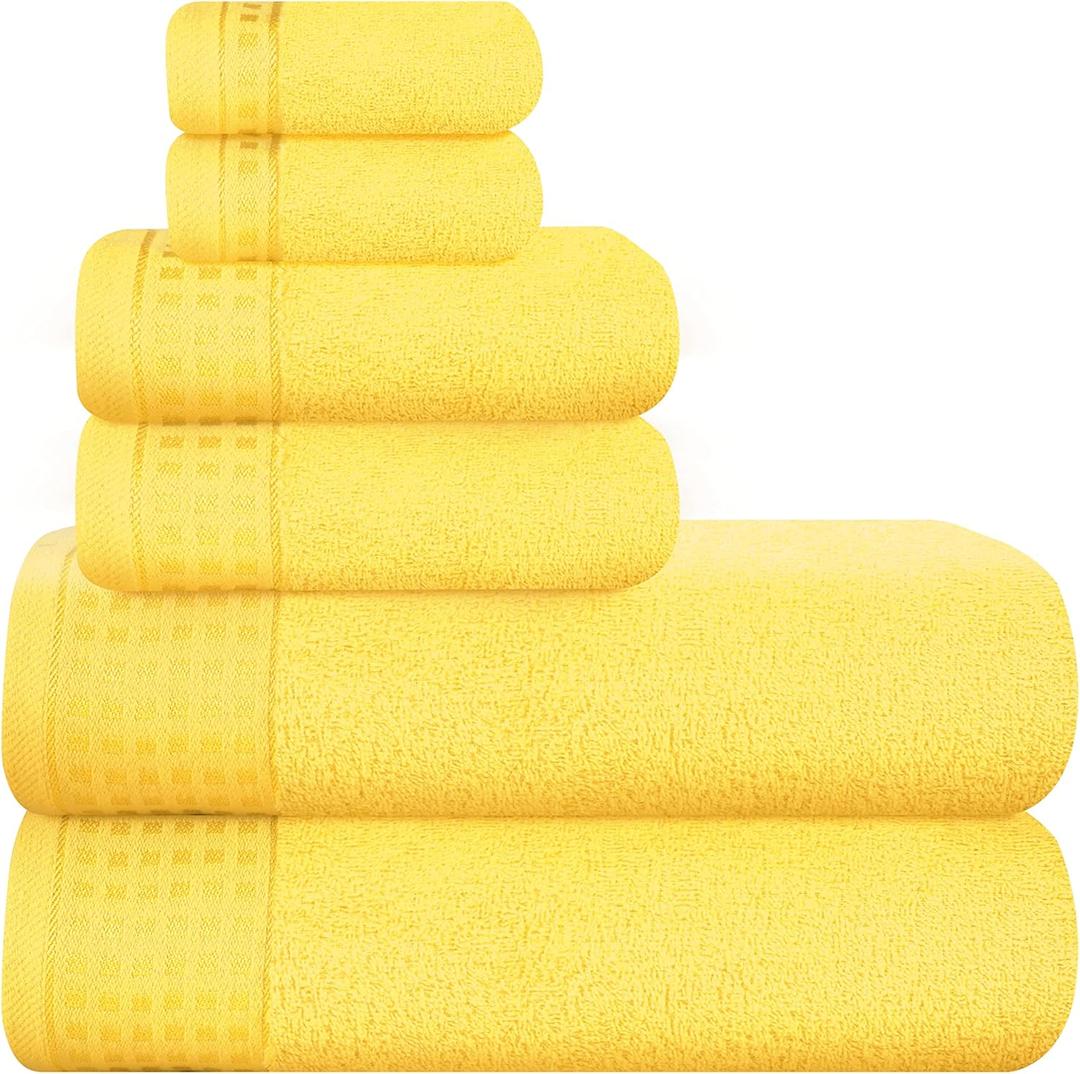 GLAMBURG 100% Cotton Ultra Soft 6 Pack Towel Set, Contains 2 Bath Towels 28x55 Inches, 2 Hand Towels 16x24 Inches & 2 Wash Coths 12x12 Inches, Compact Absorbent Lightweight & Quickdry - Lime Yellow
