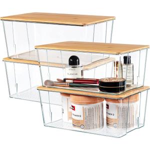 Hudgan 4 Pack Clear Plastic Storage Bins with Bamboo Lids, Stackable Storage Containers for Organizing Medicine Cabinet Organizer, Craft Room, Bread Box (Nature)
