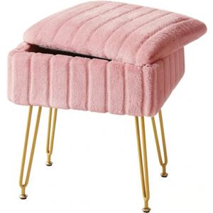 FUXA Vanity Stool Chair with Storage, Faux Fur and Metal Legs, Pink, 11.8"D x 15.8"W x 18.5"H