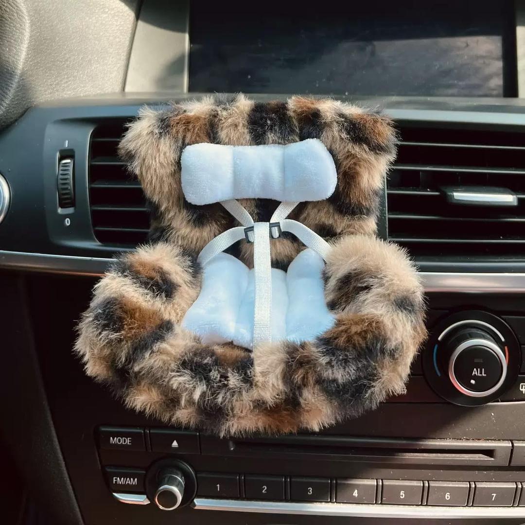 Doll Car Seat for 38 inch Figures, Fits Character Plushes, Blind Box Dolls & Vinyl Collectibles, Includes Air Vent Clip & Desktop Stand, Cute Car Ornament for Collectors (Brown Leopard Print)