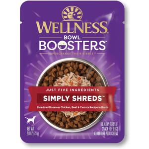 Wellness Bowl Boosters Simply Shreds Wet Dog Food Topper for Small, Medium, and Large Breeds, Grain Free, Natural, Beef and Carrots Recipe, 2.8 oz, Pack of 12 Pouches (EXP 06/26/26)
