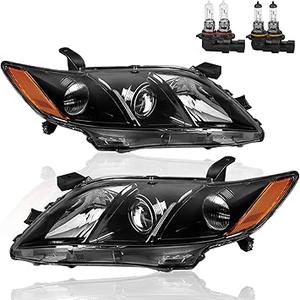 Headlights Assembly Replacement Compatible with 2007 2008 2009 Toyota Camry Halogen with Clear Lens Black Housing Amber Reflector Front Lamps Driver and Passenger Side 8113006201