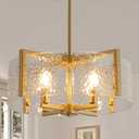 Modern Glass Chandeliers, 4 Light 18.1" Gold Chandelier for Dining Room Gold Pendant Light Fixture for Kitchen Island Bedroom, Living Room, Clear Ripple Glass Shade (E12 Bulbs Not Included)