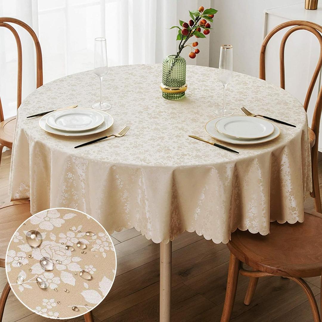 Smiry Round Table Cloth, Waterproof Heavy Duty Vinyl Tablecloths, Wipeable Washable Table Cover for Kitchen and Dining Room (Beige, 60" Round)