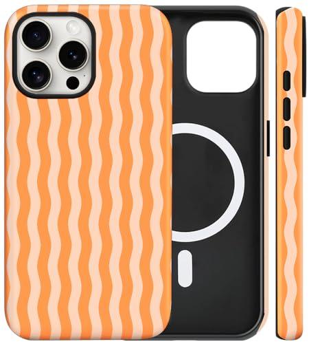 Flewfun Magnetic for iPhone 13/14 Case Cute Wavy Stripes Phone Case, Shockproof Slim TPU and Hard PC Protective Phone Cover Compatible with MagSafe Designed for Women Girls, Orange