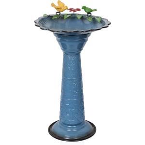 Alpine Corporation ORS112BL Vintage Metal Pedestal Birdbath with Stand, Shallow Bird Bath Bowl for Outside, 28" H, Blue