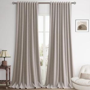 Hokibero Brownish Grey Linen Blackout Curtains 96 Inches Long for Bedroom Thermal Insulated Blackout Linen Drapes Rod Pocket/Back Tab Room Darkening Full Light Blocking Curtains 52x96