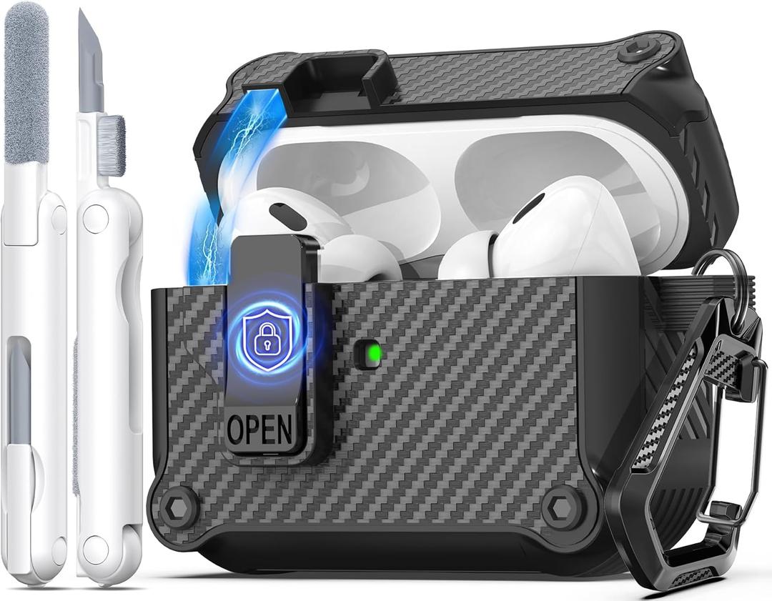 R-fun Compatible with AirPods Pro 2nd Generation 2023(USB-C),2022(Lightning Cable),1st Gen 2019 Charging Case, Full Drop Protection Auto Pop-Up Lid Design with Cleaner Kit,Fiber Black