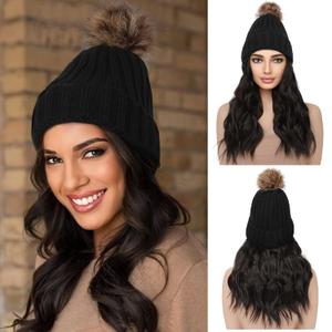 REECHO Warm Knitted Beanie Hat with 12" Beach Wavy Synthetic Hairpiece - Black Beanie, Black Brown Hair