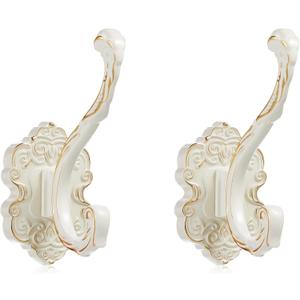 Zonon 2 Pcs White Wall Hooks Set Vintage Coat & Towel Hooks for Entryway, Bathroom, Bedroom Decorative Heavy Duty Wall Mounted Unique French Country Curtain Holder for Keys, Hats Bags, Clothes