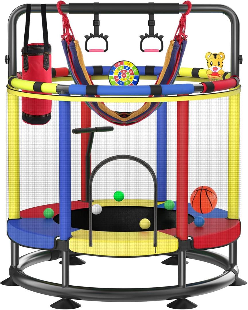 Trampoline for Kids, Full Anti-Rust 440lbs Anti-Rollover Round Bottom Toddler Trampoline, T-handrail Adjustable Baby Toddler Trampoline Basketball Dart Board (Blue Red Yellow, 55)