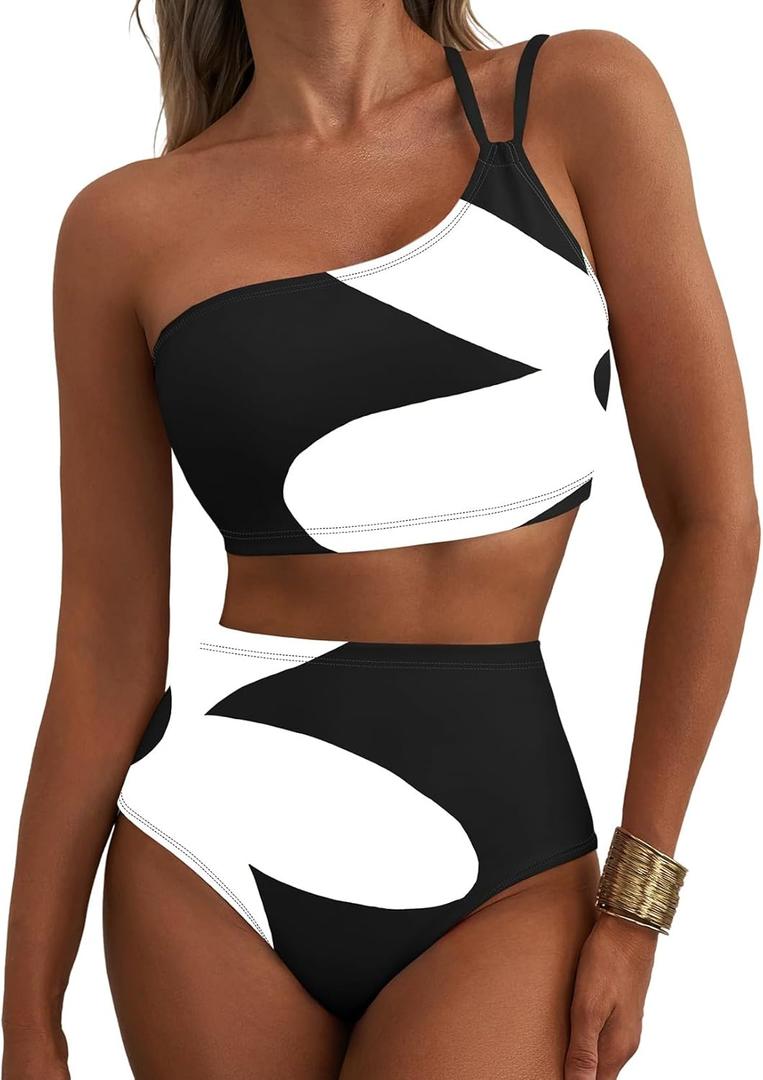 Herseas Women's High Waisted Bikini Sets One Shoulder Floral Print Swimsuits 2 Piece Tummy Control Bathing Suits (Large, Black White Abstract)