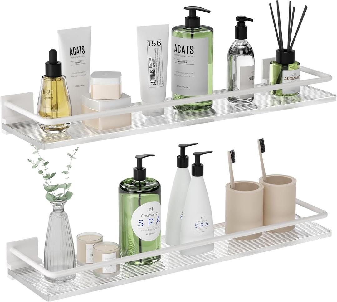 Acrylic Bathroom Floating Shelves - Set of 2, Wall Mounted Shelves for Suitable for Lavatory, Kitchen, Laundry Room, Farmhouse, for Item Storage/Room Decoration (White) (Rectangular)
