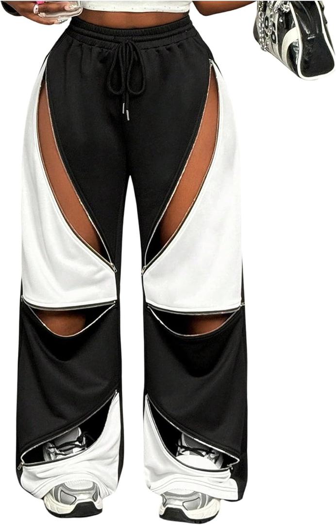 SweatyRocks Women's Wide Leg Baggy Sweatpants Y2k High Waist Cut Out Drawstring Jogger Pants (Black) Medium