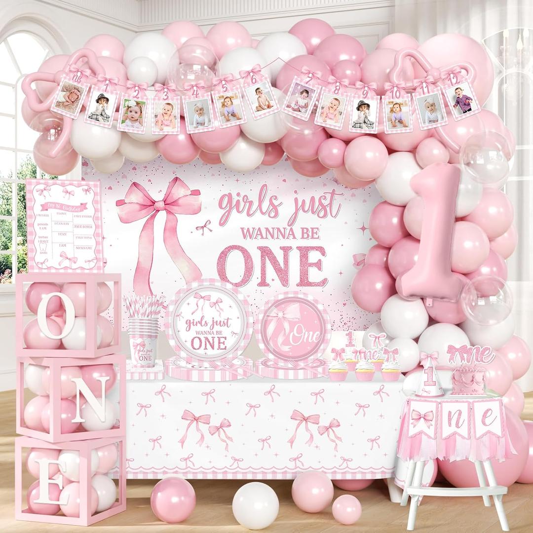 Pink Bow 1st Birthday Decorations, 271Pcs Girls Just Wanna Be One Birthday Decorations All-in-1 Kit with Tableware,Balloon Arch,Backdrop,Banner,Balloon Boxes,High Chair Banner,Cupcake Toppers,1st Hat