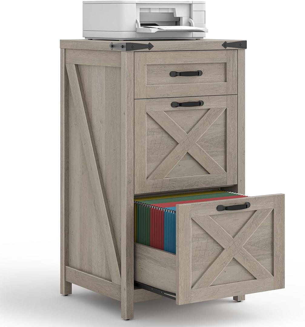 Halitaa Farmhouse File Cabinet with 3 Drawers for Home Office, Rustic Grey, 15.75"D x 17.12"W x 33.46"H