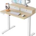 HUANUO 32 x 21 inch Small Electric Standing Desk with 2 Drawers, C-Clamp Mount Compatible, Height Adjustable Sit Stand Desk, Home Office Stand Up Desk with 4 Memory Height Settings, Light Walnut