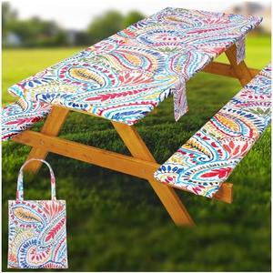 Fitted Picnic Table Cover with Bench Covers Waterproof Elastic Edges Rectangle Patio Tablecloth Outdoor Camping Essentials Stuff Rv Accessories Summer Trip Travel Supplies Party Camper Gifts, 6 ft